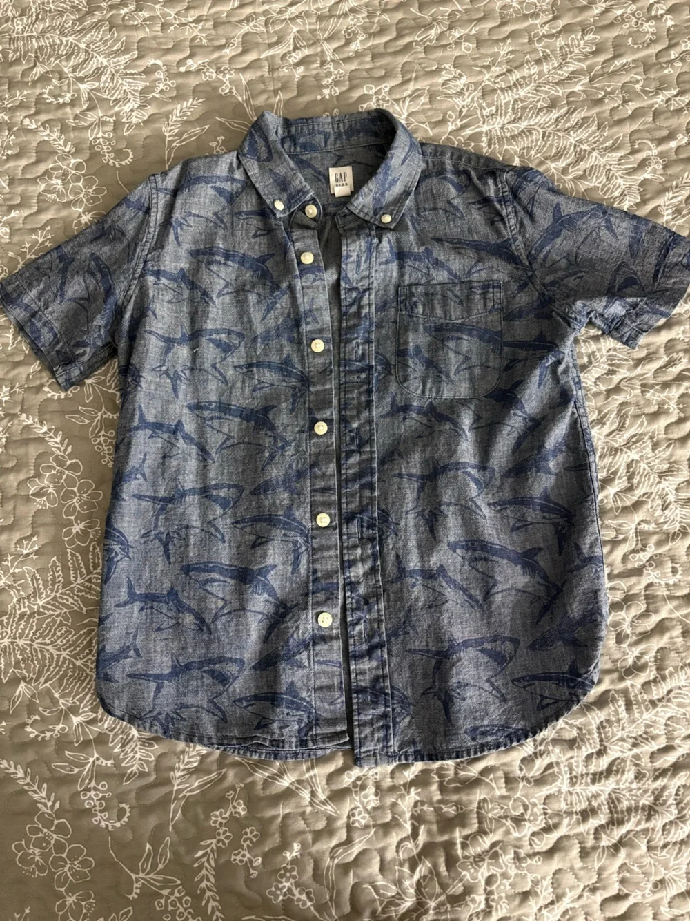 GAP Kids Denim-Blue Short Sleeve Shirt with Subtle Navy Shark Print